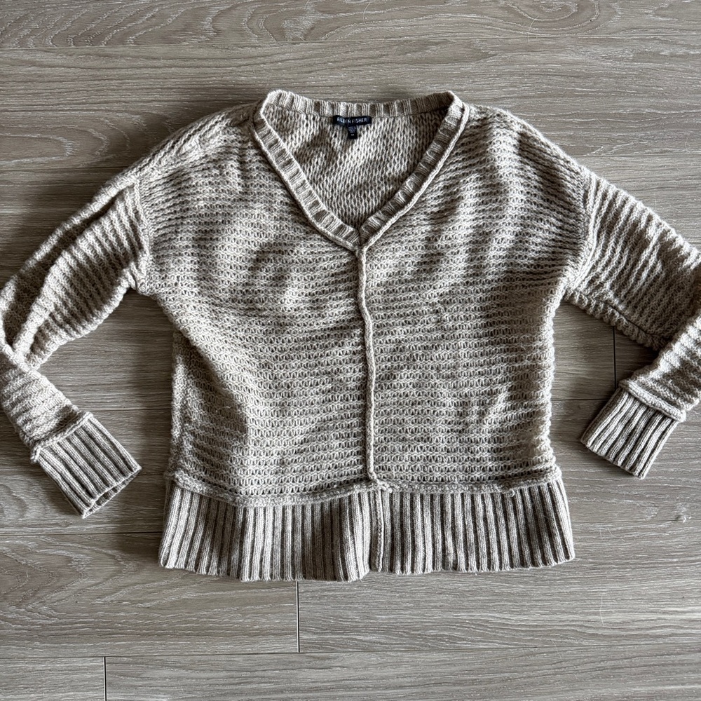 Eileen Fisher Vneck Yak Wool Open Knit Sweater Neutral Tan size Medium